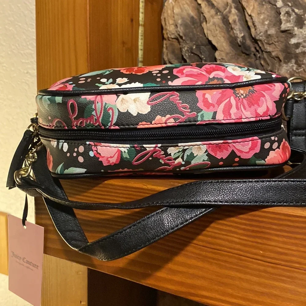 NWT Juicy Couture black with pink floral pattern crossbody purse - Picture 4 of 10